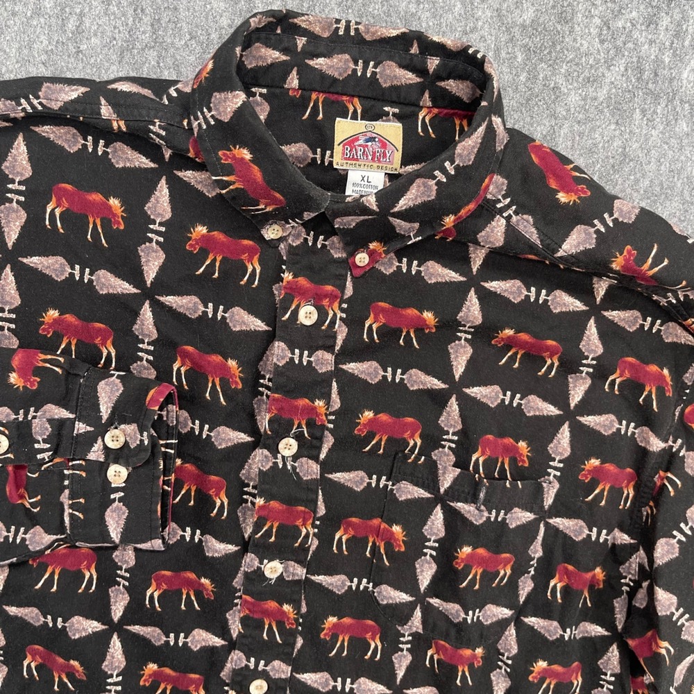 Barn Fly Shirt Mens XL Black Moose Arrowhead Print Cotton Western Button Down